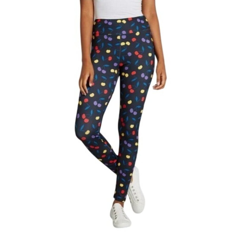 NEW Modcloth Keeping It Cardio High Waisted Black Cherry Print Leggings Womens S